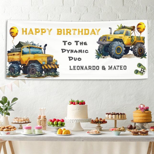 The Dynamic Due Safari Monster Truck Twins Party Banner (Creator Uploaded)