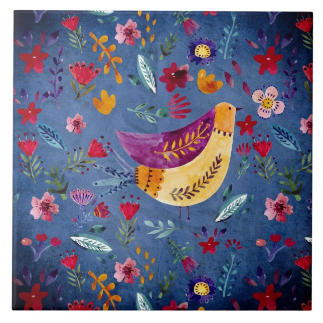The Early Bird in Flower Garden Ceramic Tile (Front)