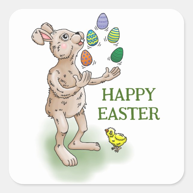 The Easter Bunny juggles with the Easter eggs Square Sticker (Front)