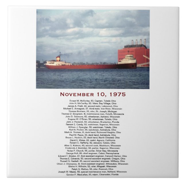 The Edmund Fitzgerald with Crew Names Ceramic Tile (Front)