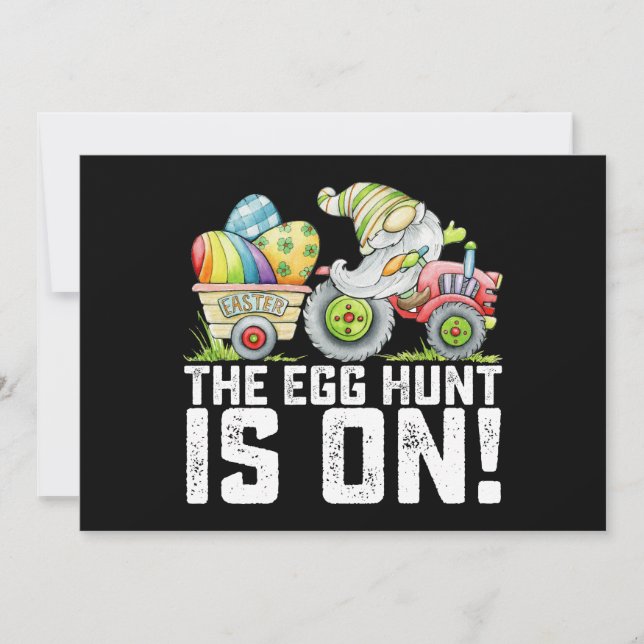 The Egg Hunt Is On Gnome Funny Easter Invitation (Front)