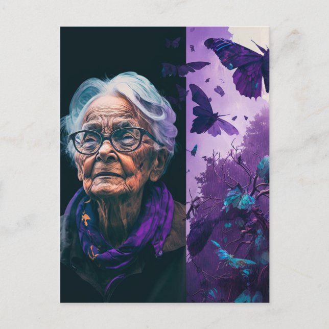 The Elderly Woman and Butterflies Postcard (Front)