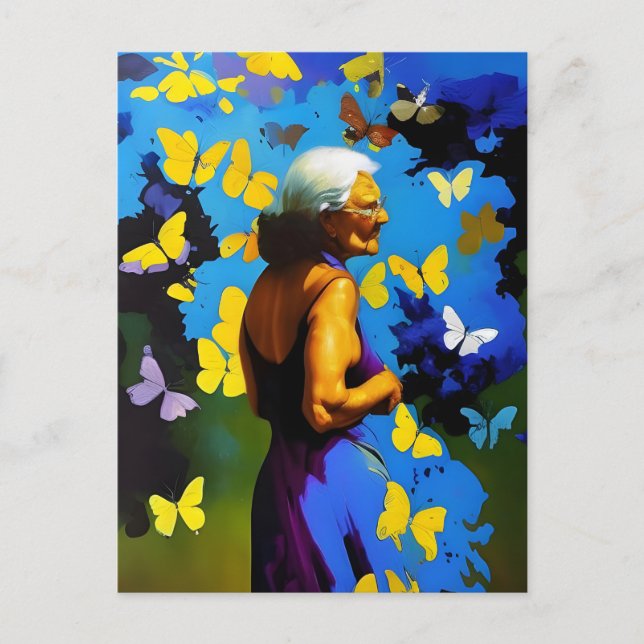 The Elderly Woman and Butterflies Postcard (Front)