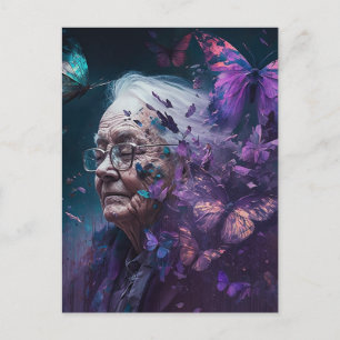 The Elderly Woman With Purple Butterflies Postcard