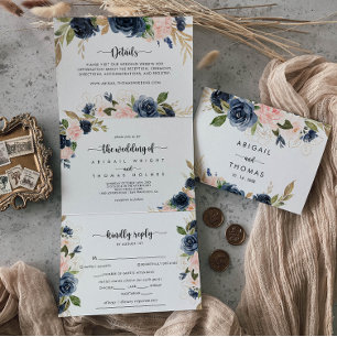 The Elegant Gold Blue Floral Wedding of  Tri-Fold Invitation