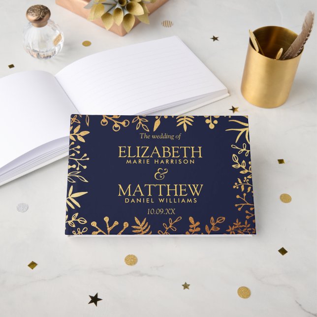 The Elegant Navy & Gold Floral Wedding Collection Guest Book (Front Open)
