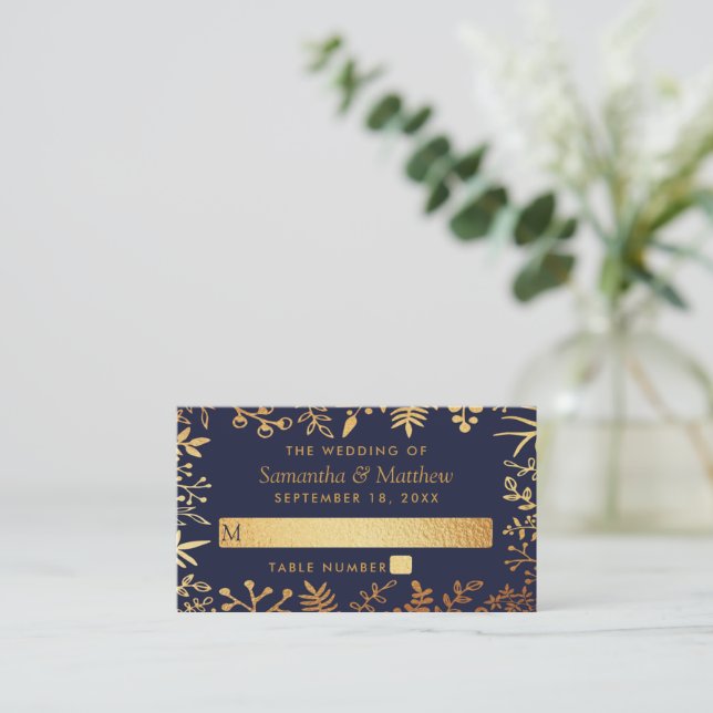 The Elegant Navy & Gold Floral Wedding Collection Place Card (Standing Front)