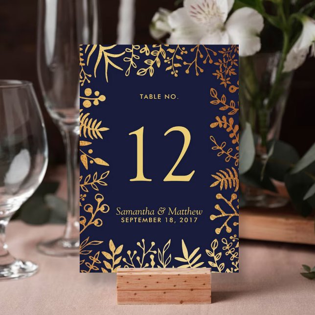 The Elegant Navy & Gold Floral Wedding Collection Table Number (Creator Uploaded)