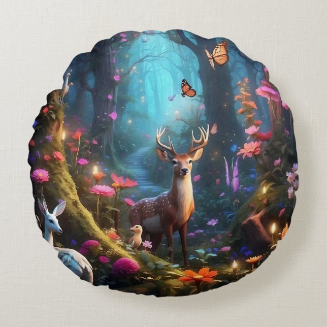 The Enchanted Forest a Mystical Oasis Round Cushion (Front)