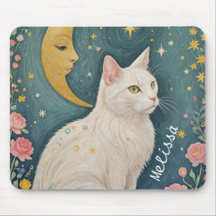 The Enchanting White Cat with Green Eyes Mouse Pad