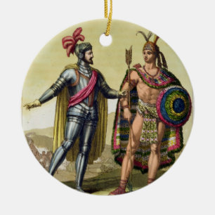The Encounter between Hernando Cortes (1485-1547) Ceramic Tree Decoration