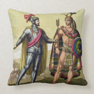 The Encounter between Hernando Cortes (1485-1547) Cushion