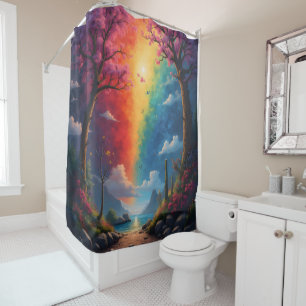 The end of the path is a rainbow shower curtain