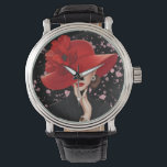 The Epitome of Elegance Watch<br><div class="desc">A digital illustration of an elegant woman in a black turtleneck and a wide-brimmed red hat with a large flower. Her face is partially obscured by the hat,  showing red lips and a hand with red nails adorned with pearl jewelry against a black background with pink paint splatters.</div>