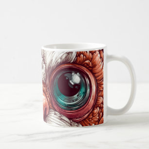 The eyes are large and expressive, with realistic coffee mug