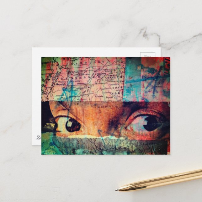 The Eyes Looking junk journal Collage Postcard (Front/Back In Situ)