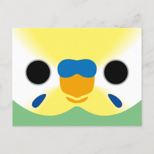 The face of a pastel rainbow male budgie (green) holiday postcard