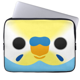 The face of a pastel rainbow male budgie laptop sleeve
