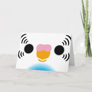 The face of a sky blue recessive pied budgie card