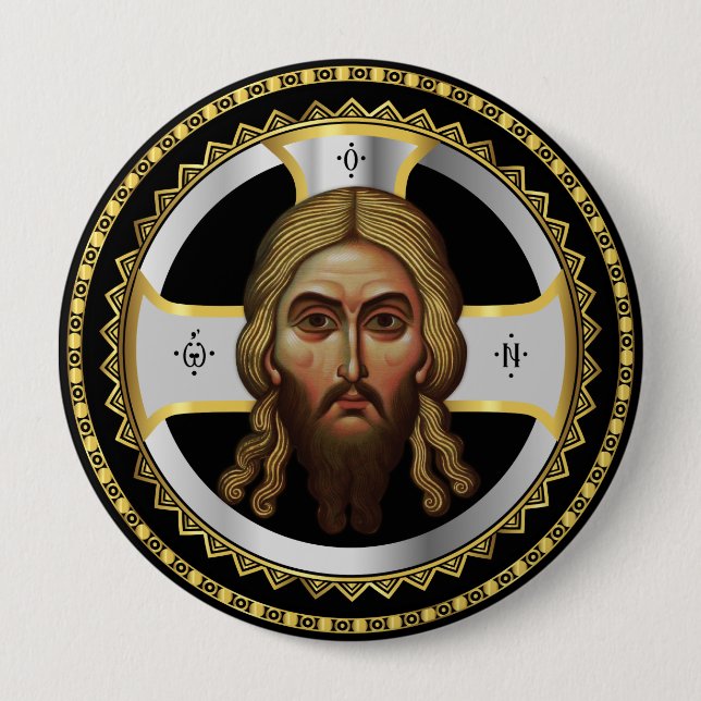 The Face Of Christ Orthodox Black Icon 10 Cm Round Badge (Front)