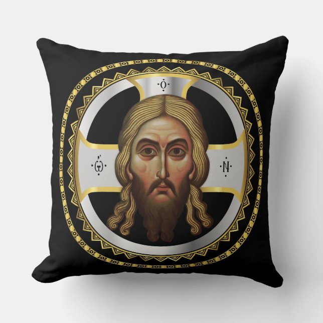 The Face Of Christ Orthodox Black Icon Cushion (Front)