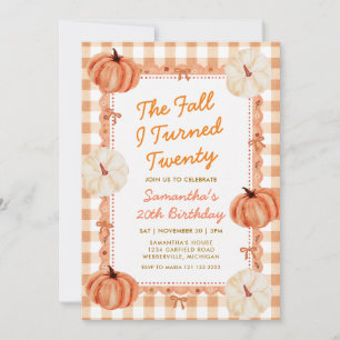 The Fall I Turned Twenty Pumpkin Gingham Birthday Invitation