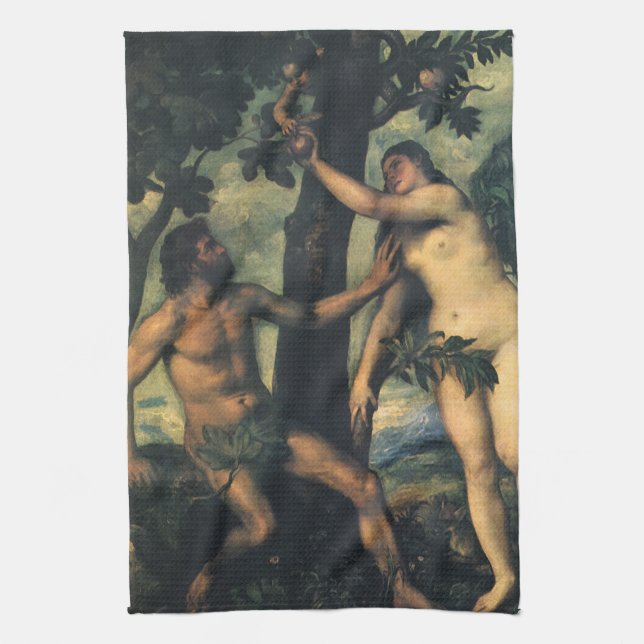 The Fall of Man; Adam and Eve by Titian Tea Towel (Vertical)