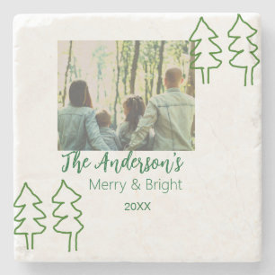 The family name green Christmas tree photo modern Stone Coaster