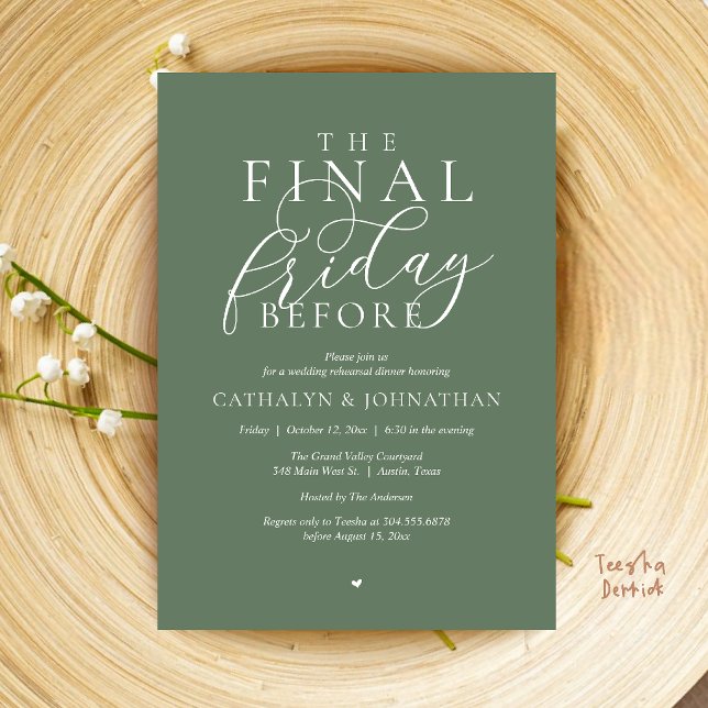“The Final Friday Before” Classy Rehearsal Dinner Invitation (“The Final Friday Before” Romance Classy Rehearsal Dinner Invitation Card in Sage Green)