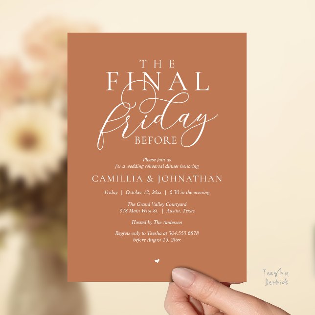 “The Final Friday Before” Romance Rehearsal Dinner Invitation (“The Final Friday Before” Romance Rehearsal Dinner Invitation Card in Copper Brown Terracotta)