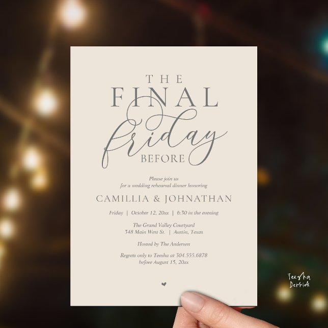 “The Final Friday Before” Romance Rehearsal Dinner Invitation (“The Final Friday Before” Romance Rehearsal Dinner Invitation Card in Cream Grey)