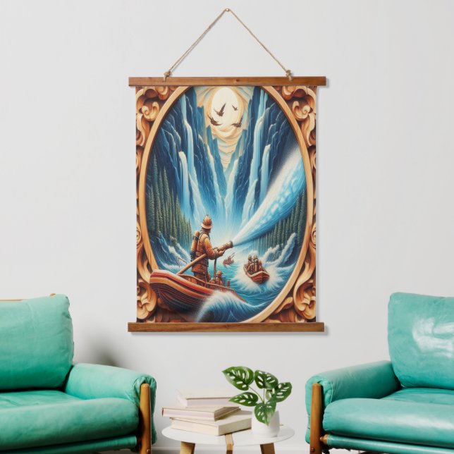 The firefighters loaded onto their boat hanging tapestry (Living Room)
