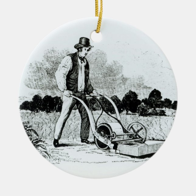 The first lawnmower (engraving) (b/w photo) ceramic ornament (Front)