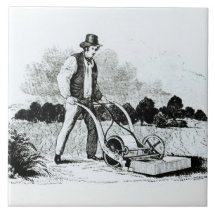 The first lawnmower (engraving) (b/w photo) ceramic tile