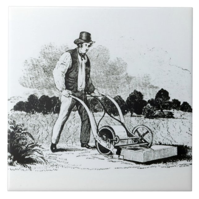 The first lawnmower (engraving) (b/w photo) ceramic tile (Front)