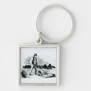 The first lawnmower (engraving) (b/w photo) key ring