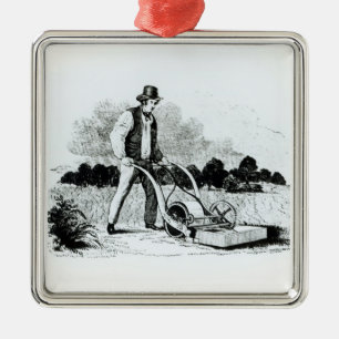 The first lawnmower (engraving) (b/w photo) metal ornament