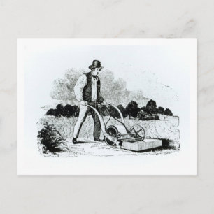 The first lawnmower (engraving) (b/w photo) postcard