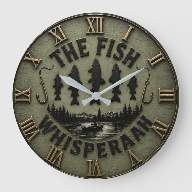 The Fish Whisperer Rustic Fisherman Cabin Large Clock (Front)
