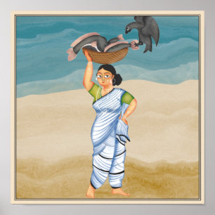 The fisherwoman in Kalighat art from Bengal Poster