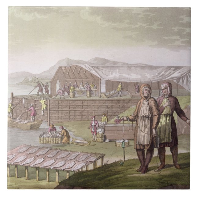 The fishing industry, Newfoundland, from 'Le Costu Ceramic Tile (Front)