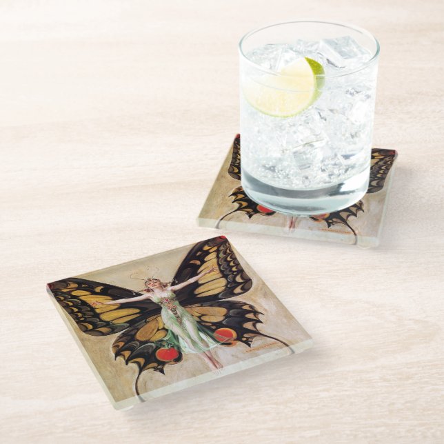 The Flapper Girl's Metamorphosis to Butterfly 1922 Glass Coaster (Angled)