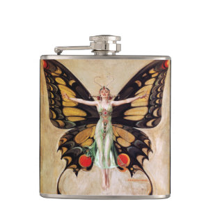 The Flapper Girl's Metamorphosis to Butterfly 1922 Hip Flask