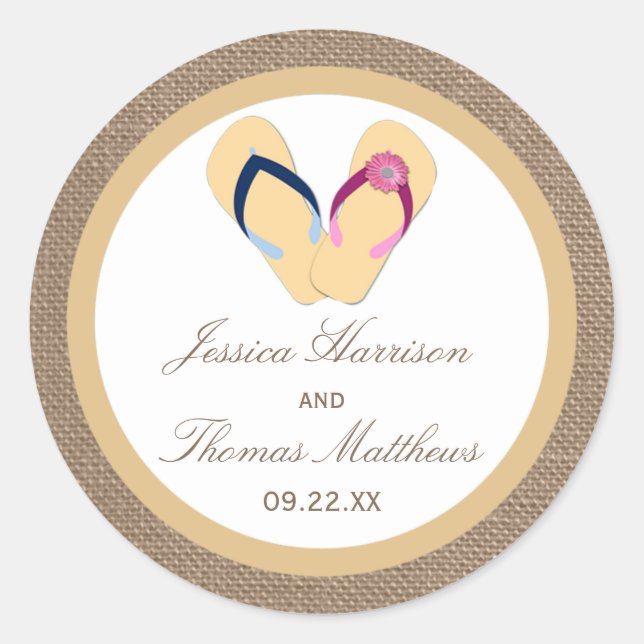 The Flip-Flop Sand Beach Burlap Wedding Collection Classic Round Sticker (Front)