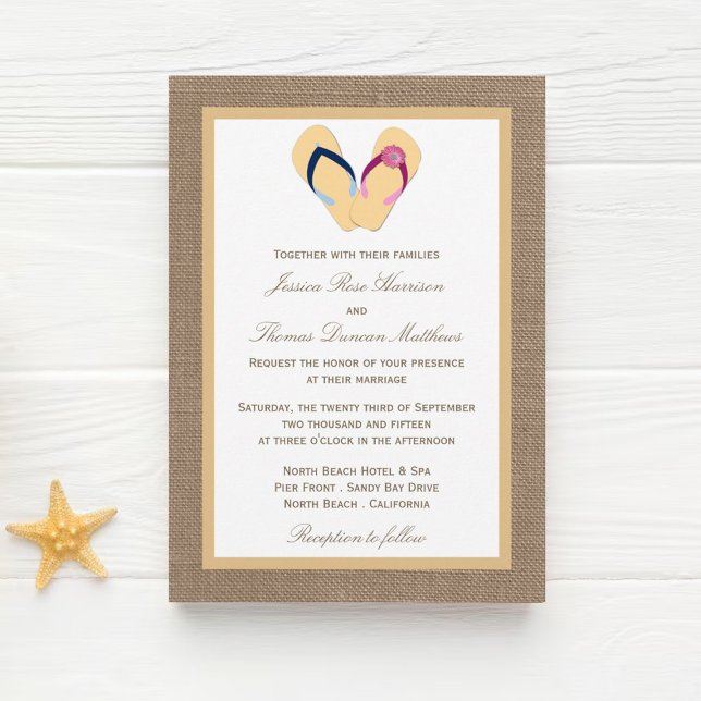 The Flip-Flop Sand Beach Burlap Wedding Collection Invitation (Creator Uploaded)
