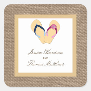 The Flip-Flop Sand Beach Burlap Wedding Collection Square Sticker