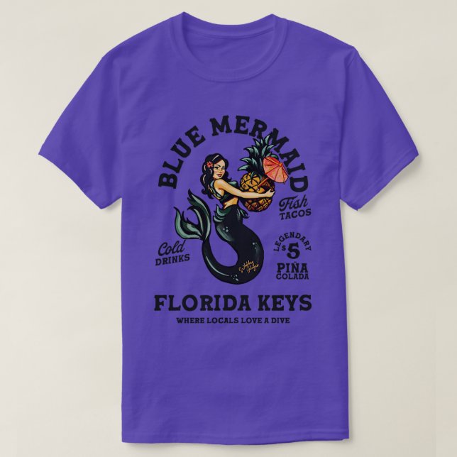 The Florida Keys Blue Mermaid Tiki Dive Bar TShirt (Design Front)