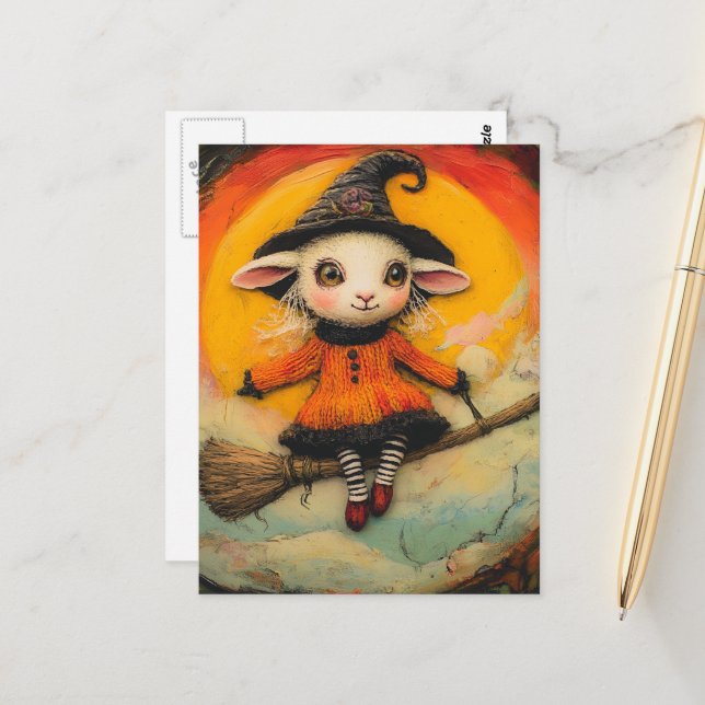 The flying adorable sheep witch postcard (Front/Back In Situ)
