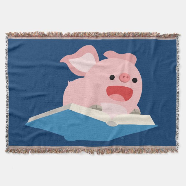 The Flying Book and Cartoon Pig Throw Blanket (Front)