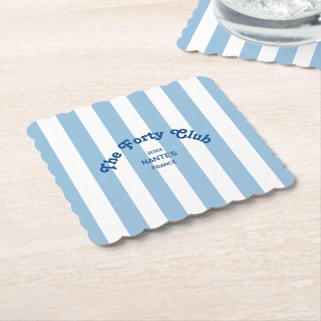The Forty Club Blue Cabana Stripe 40th Birthday Paper Coaster (Angled)